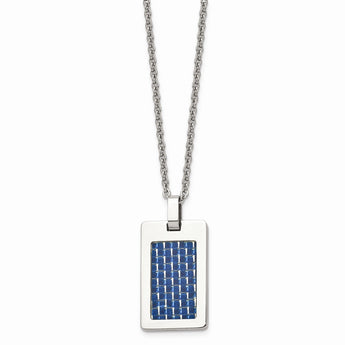 Stainless Steel Polished with Blue Carbon Fiber Inlay Dog Tag Necklace