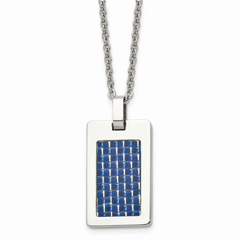 Stainless Steel Polished with Blue Carbon Fiber Inlay Dog Tag Necklace