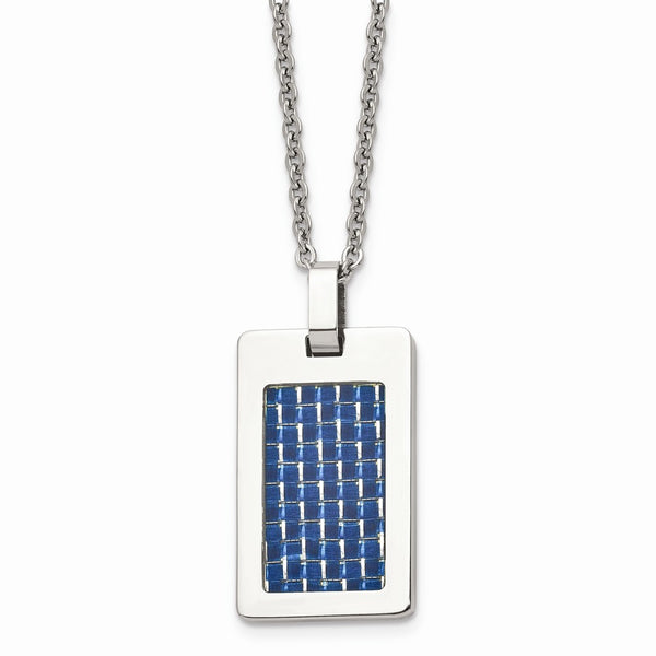 Stainless Steel Polished with Blue Carbon Fiber Inlay Dog Tag Necklace