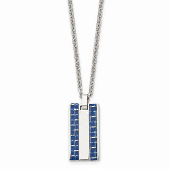 Stainless Steel Polished w/ Blue Carbon Fiber Inlay Small Dogtag Necklace