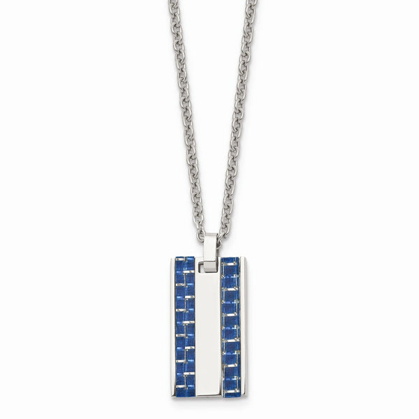 Stainless Steel Polished w/ Blue Carbon Fiber Inlay Small Dogtag Necklace