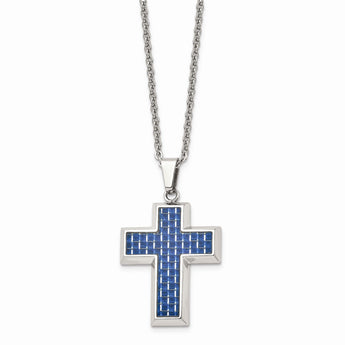 Stainless Steel Polished with Blue Carbon Fiber Inlay Cross 22in Necklace