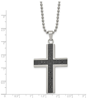 Stainless Steel Polished Black Rhodium Black Diamond Cross Necklace