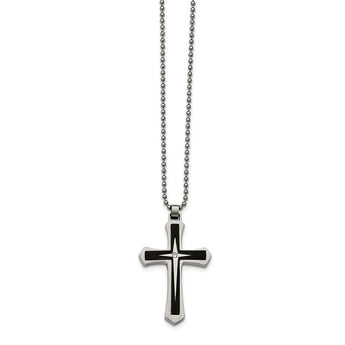 Stainless Steel Brushed and Polished Black IP CZ Cross Necklace