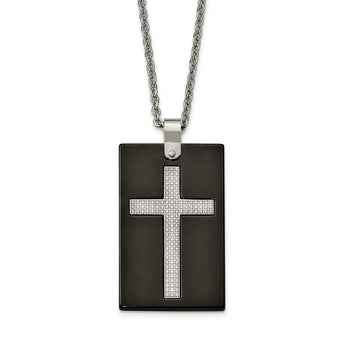 Stainless Steel Polished Black Ceramic CZ Cross Necklace