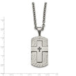 Stainless Steel Polished/Satin Hammered Blk CZ Cross Dogtag Necklace