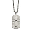 Stainless Steel Polished/Satin Hammered Blk CZ Cross Dogtag Necklace