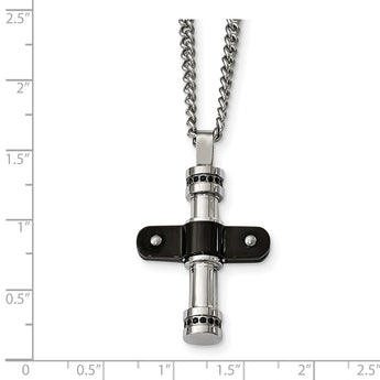 Stainless Steel Polished Black IP Black CZ Cross Necklace