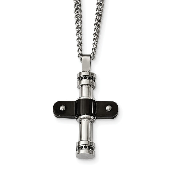 Stainless Steel Polished Black IP Black CZ Cross Necklace