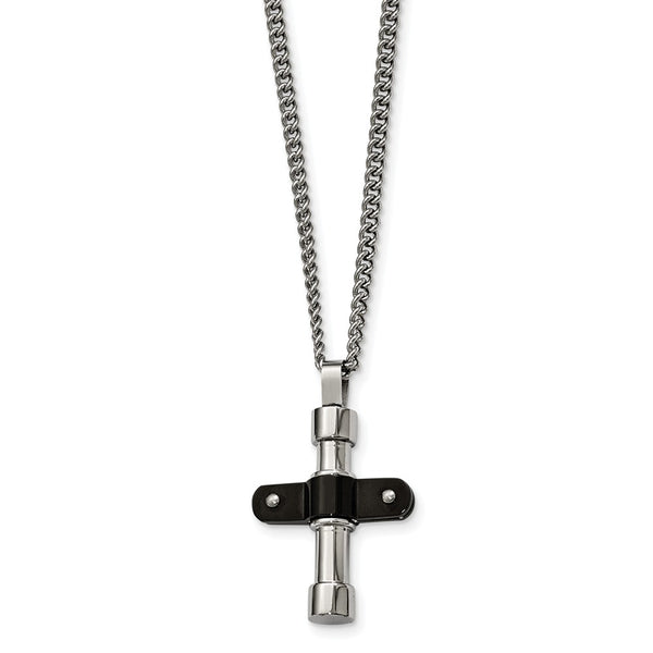 Stainless Steel Polished Black IP Cross Necklace