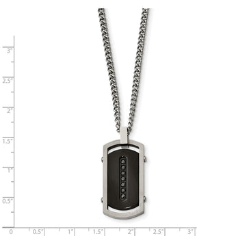 Stainless Steel Brushed/Polished Black IP Center Black CZ Tag Necklace