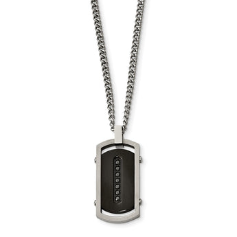 Stainless Steel Brushed/Polished Black IP Center Black CZ Tag Necklace