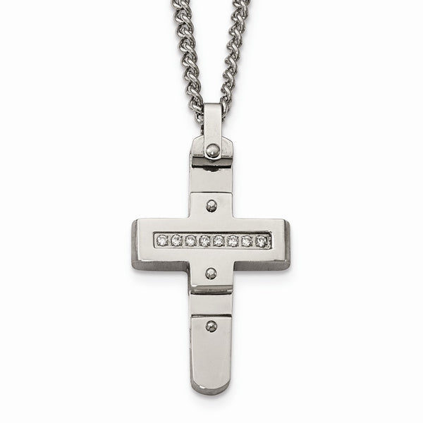 Stainless Steel Polished CZ Moveable Cross Necklace