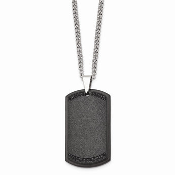 Stainless Steel Brushed Laser Cut Black IP Black CZ Dogtag Necklace