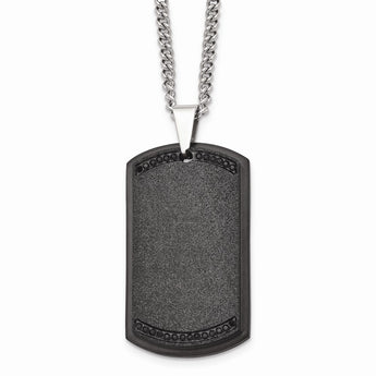 Stainless Steel Brushed Laser Cut Black IP Black CZ Dogtag Necklace