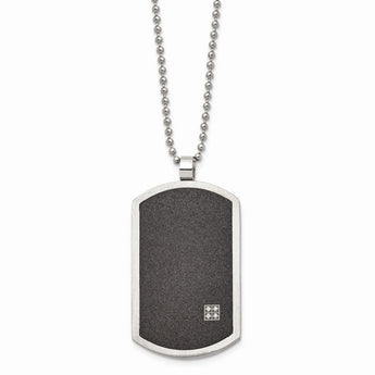 Stainless Steel Brushed LaserCut Black IP-Plated CZ Dogtag Necklace