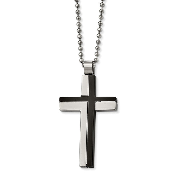 Stainless Steel Polished and Laser Cut Black IP Cross Necklace