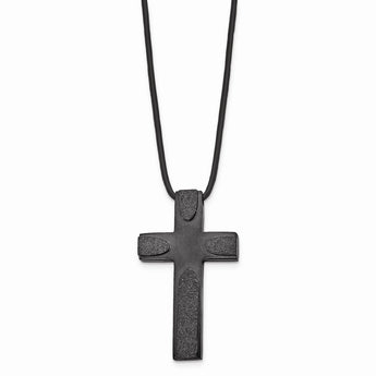 Stainless Steel Brushed LaserCut Blk IP Cross w/Leather Cord Necklace
