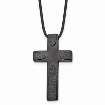 Stainless Steel Brushed LaserCut Blk IP Cross w/Leather Cord Necklace