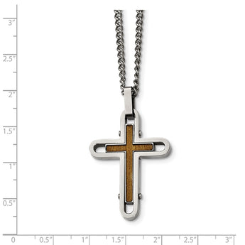 Stainless Steel Polished Wood with Enamel Overlay Cross Necklace