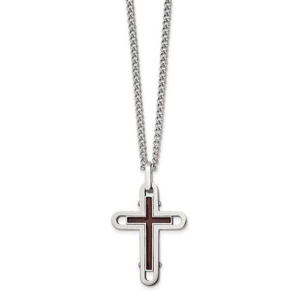 Stainless Steel Polished Wood with Enamel Overlay Cross Necklace