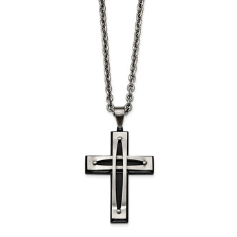 Stainless Steel Polished/Brushed Black IP Arched Cross Necklace