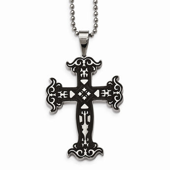 Stainless Steel Polished Black IP Cut-out Cross Necklace