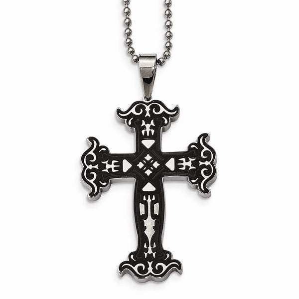 Stainless Steel Polished Black IP Cut-out Cross Necklace