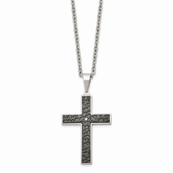 Stainless Steel Polished Black IP Textured CZ Cross Necklace