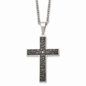 Stainless Steel Polished Black IP Textured CZ Cross Necklace