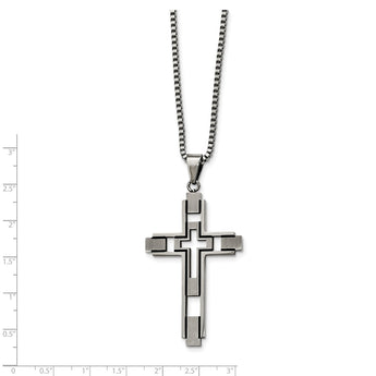 Stainless Steel Brushed & Polished Blk Enamel Inlay Cross Necklace