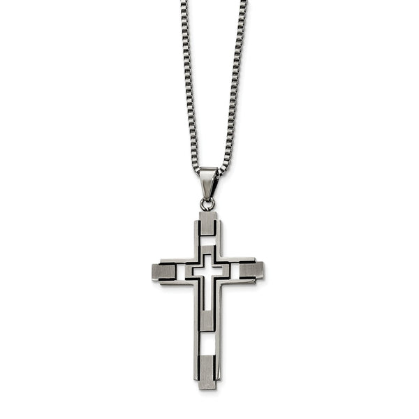 Stainless Steel Brushed & Polished Blk Enamel Inlay Cross Necklace