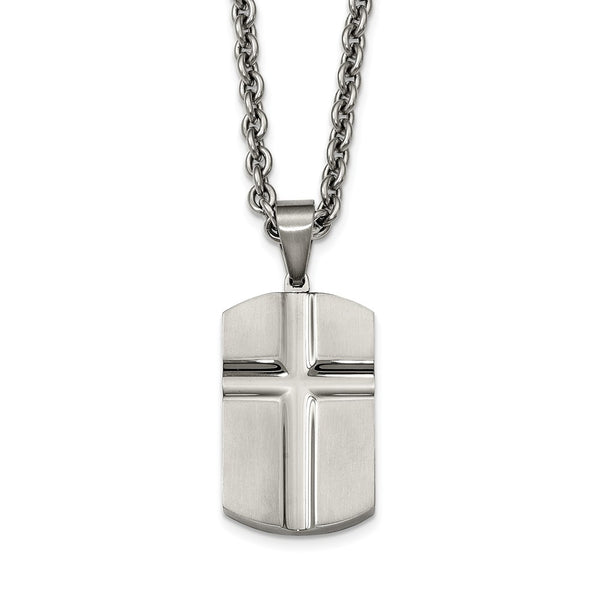 Stainless Steel Brushed and Polished Carved Cross Dogtag Necklace