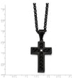 Stainless Steel Brushed/Polished Blk Leather Blk IP CZ Cross Necklace