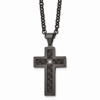 Stainless Steel Brushed/Polished Blk Leather Blk IP CZ Cross Necklace