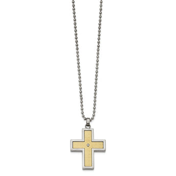 Stainless Steel w/18k Polished Textured Diamond Cross Necklace