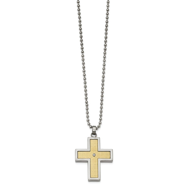Stainless Steel w/18k Polished Textured Diamond Cross Necklace