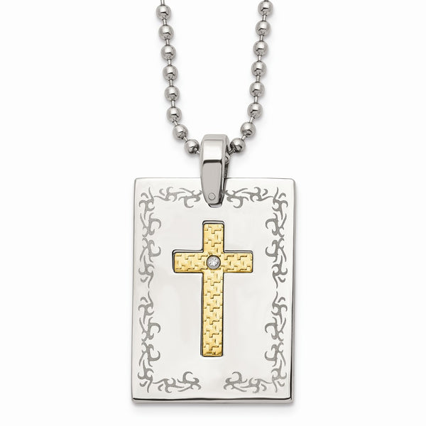 Stainless Steel w/18k Polished Laser Etched Square Cross Diamond Necklace