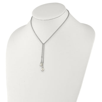 Stainless Steel Polished Simulated Pearl w/2in ext. Necklace