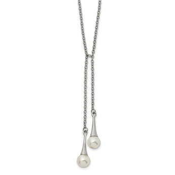 Stainless Steel Polished Simulated Pearl w/2in ext. Necklace