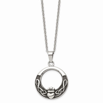 Stainless Steel Polished and Antiqued Claddagh Necklace