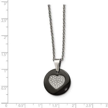 Stainless Steel Polished Black Ceramic CZ Heart Necklace