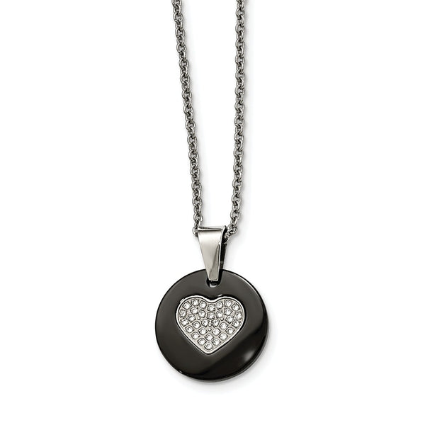 Stainless Steel Polished Black Ceramic CZ Heart Necklace