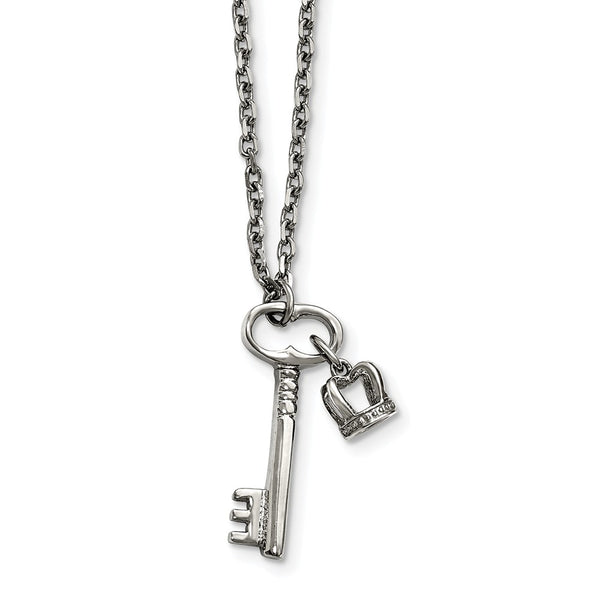 Stainless Steel Polished Key and Crown Pendant w/2 inch extension Necklace
