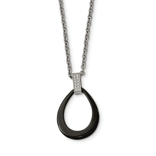 Stainless Steel Polished Tear Drop Black Ceramic CZ Necklace