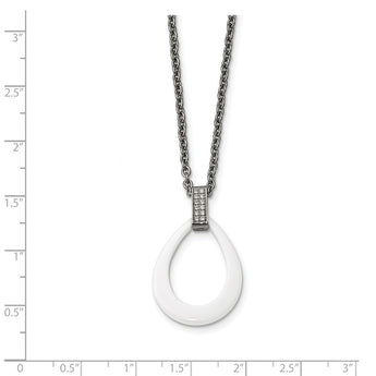 Stainless Steel Polished Tear Drop White Ceramic CZ Necklace