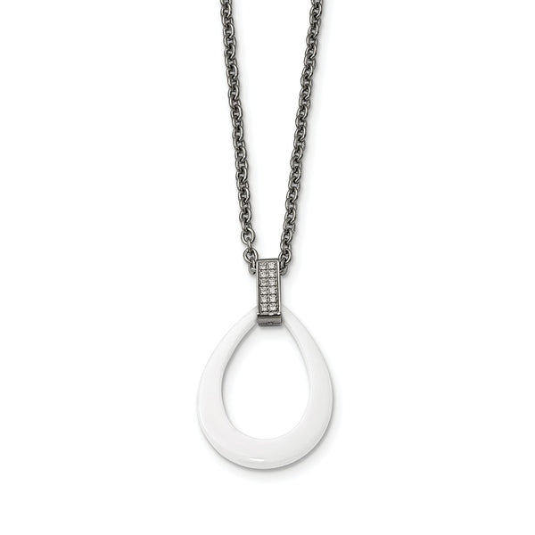 Stainless Steel Polished Tear Drop White Ceramic CZ Necklace