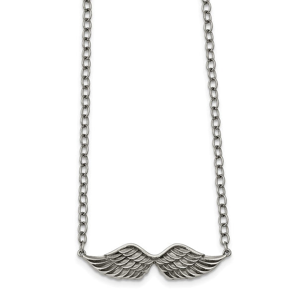 Stainless Steel Polished and Textured Angel Wings 2in ext. Necklace