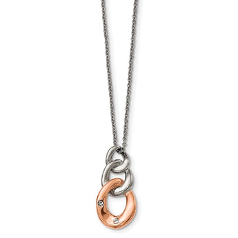 Stainless Steel Polished w/ Rose IP Three Loop Crystal Necklace