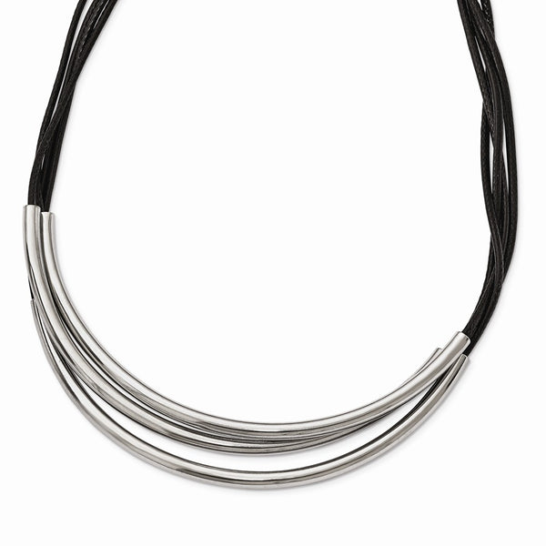Stainless Steel Polished 3 Steel Tube w/ Black Wax Cord Necklace
